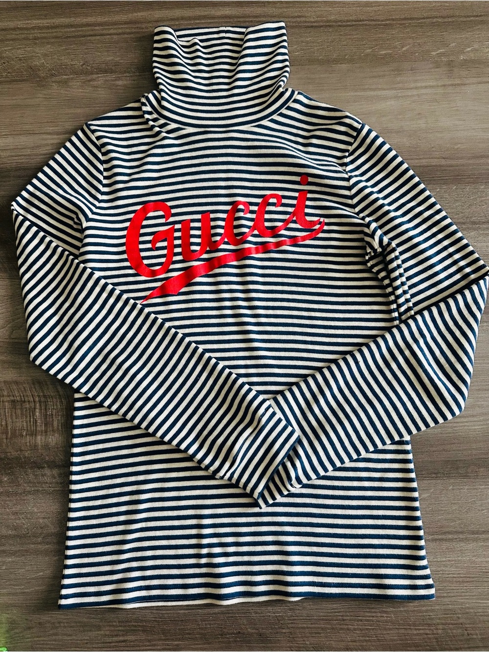 GUCCI Navy & White Striped Long Sleeve Youth Top with Red Branded Signature Logo - Picture 4 of 8